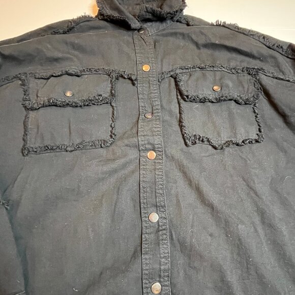 Black Rock and Roll Frayed Shirt Long Sleeve Snap Button Front Shacket SZ M Boxy - Picture 7 of 10